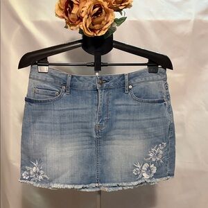 American Rag Blue Denim Mini Skirt with White Floral Embroidery